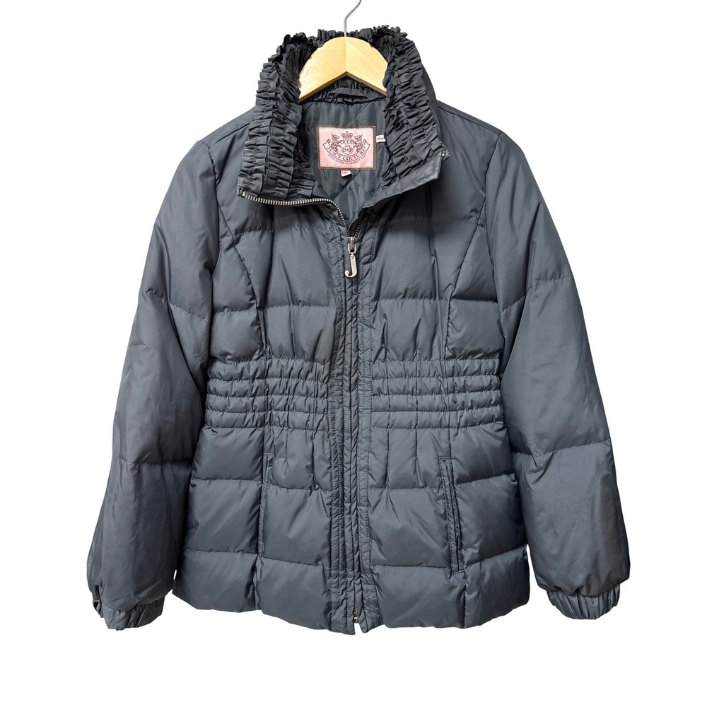 Juicy Couture Puffer Jacket Women S Black Ruffle Collar Quilted Down Parka Coat